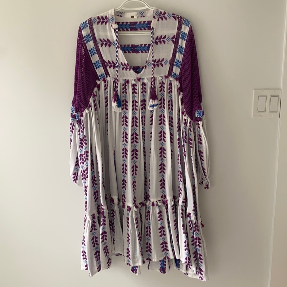 Dodo Bar OR Boho Embroidered Purple and White Tiered Midi Dress